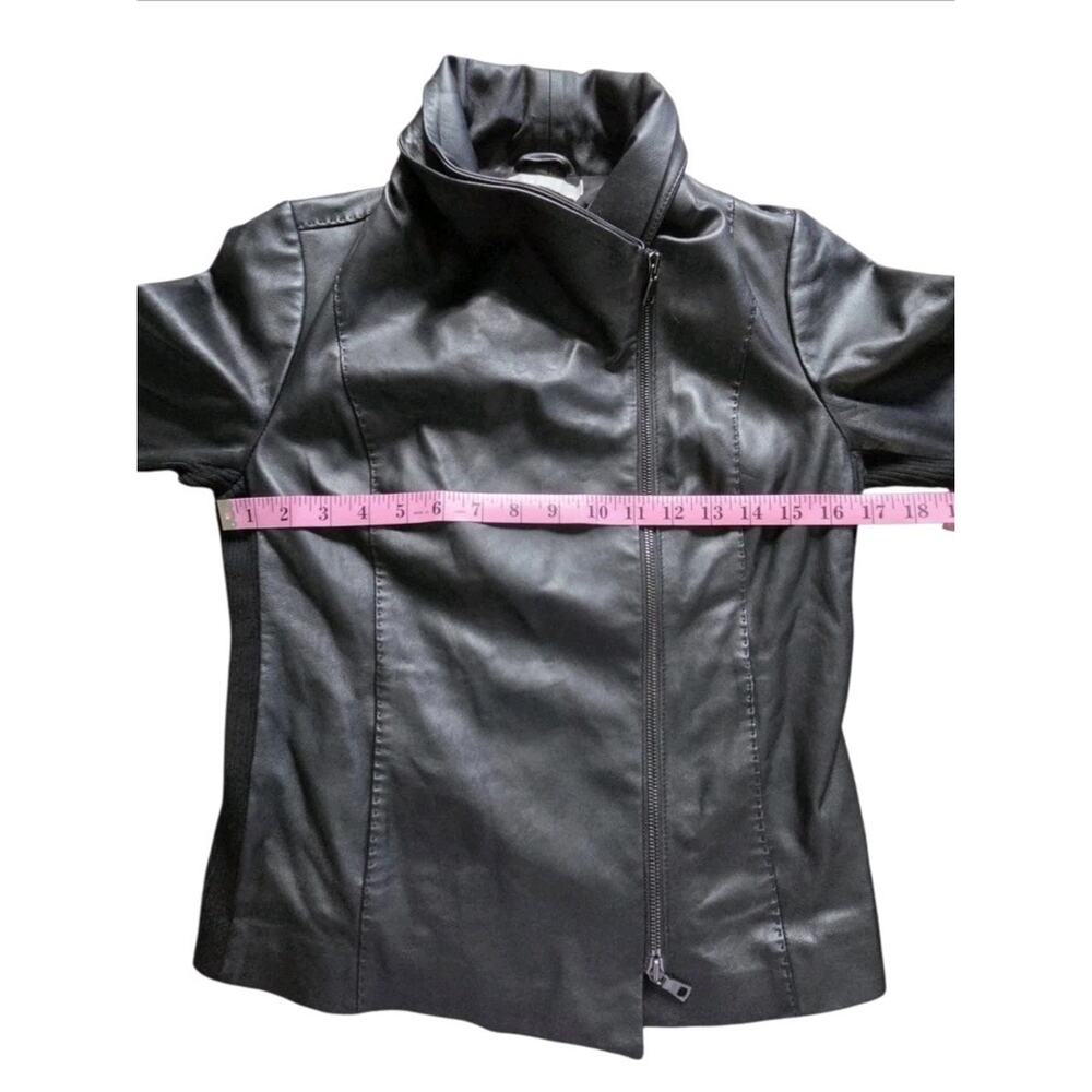 Vince Black Lamb Leather Asymmetrical Scuba Moto Jacket Ribbed Knit Panels Sz M - Picture 7 of 8